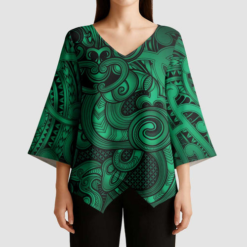 Aotearoa Maori Hei Tiki Kimono Sleeve Blouse Kakariki Kowhaiwhai Puhoro Motif