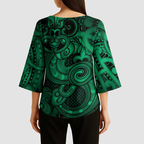 Aotearoa Maori Hei Tiki Kimono Sleeve Blouse Kakariki Kowhaiwhai Puhoro Motif