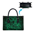 Aotearoa Maori Hei Tiki Leather Bag Kakariki Kowhaiwhai Puhoro Motif