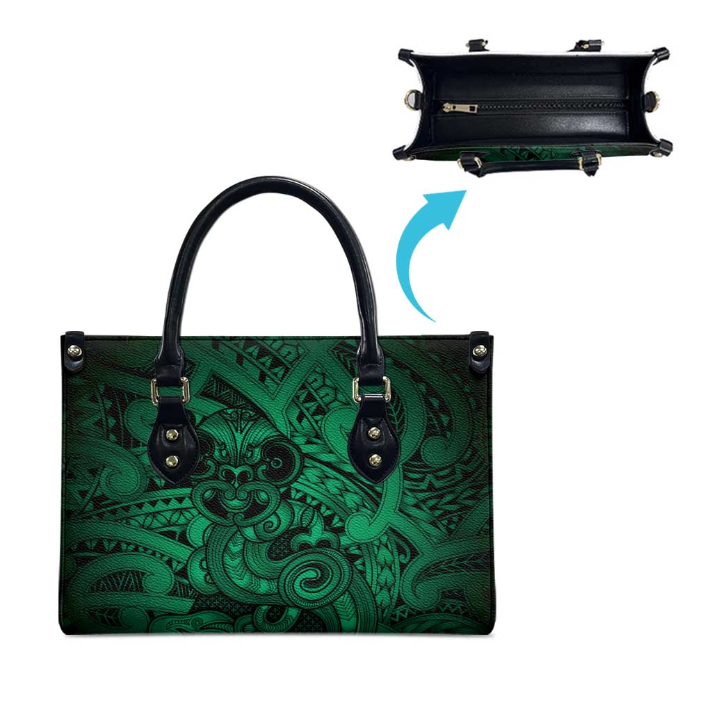Aotearoa Maori Hei Tiki Leather Bag Kakariki Kowhaiwhai Puhoro Motif