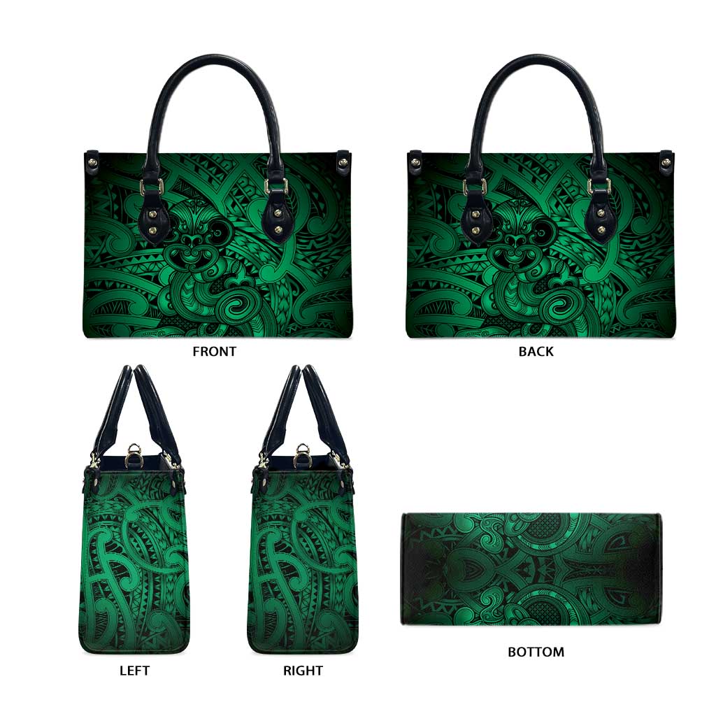 Aotearoa Maori Hei Tiki Leather Bag Kakariki Kowhaiwhai Puhoro Motif