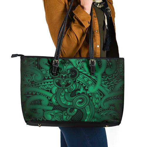 Aotearoa Maori Hei Tiki Leather Tote Bag Kakariki Kowhaiwhai Puhoro Motif