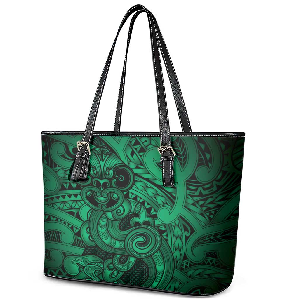 Aotearoa Maori Hei Tiki Leather Tote Bag Kakariki Kowhaiwhai Puhoro Motif