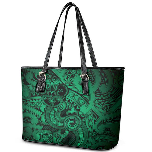 Aotearoa Maori Hei Tiki Leather Tote Bag Kakariki Kowhaiwhai Puhoro Motif