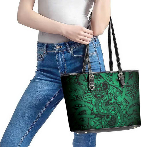 Aotearoa Maori Hei Tiki Leather Tote Bag Kakariki Kowhaiwhai Puhoro Motif