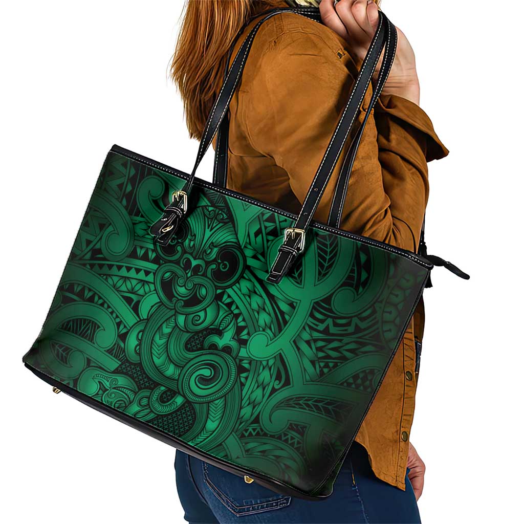 Aotearoa Maori Hei Tiki Leather Tote Bag Kakariki Kowhaiwhai Puhoro Motif