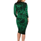 Aotearoa Maori Hei Tiki Long Sleeve Bodycon Dress Kakariki Kowhaiwhai Puhoro Motif