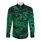 Aotearoa Maori Hei Tiki Long Sleeve Button Shirt Kakariki Kowhaiwhai Puhoro Motif