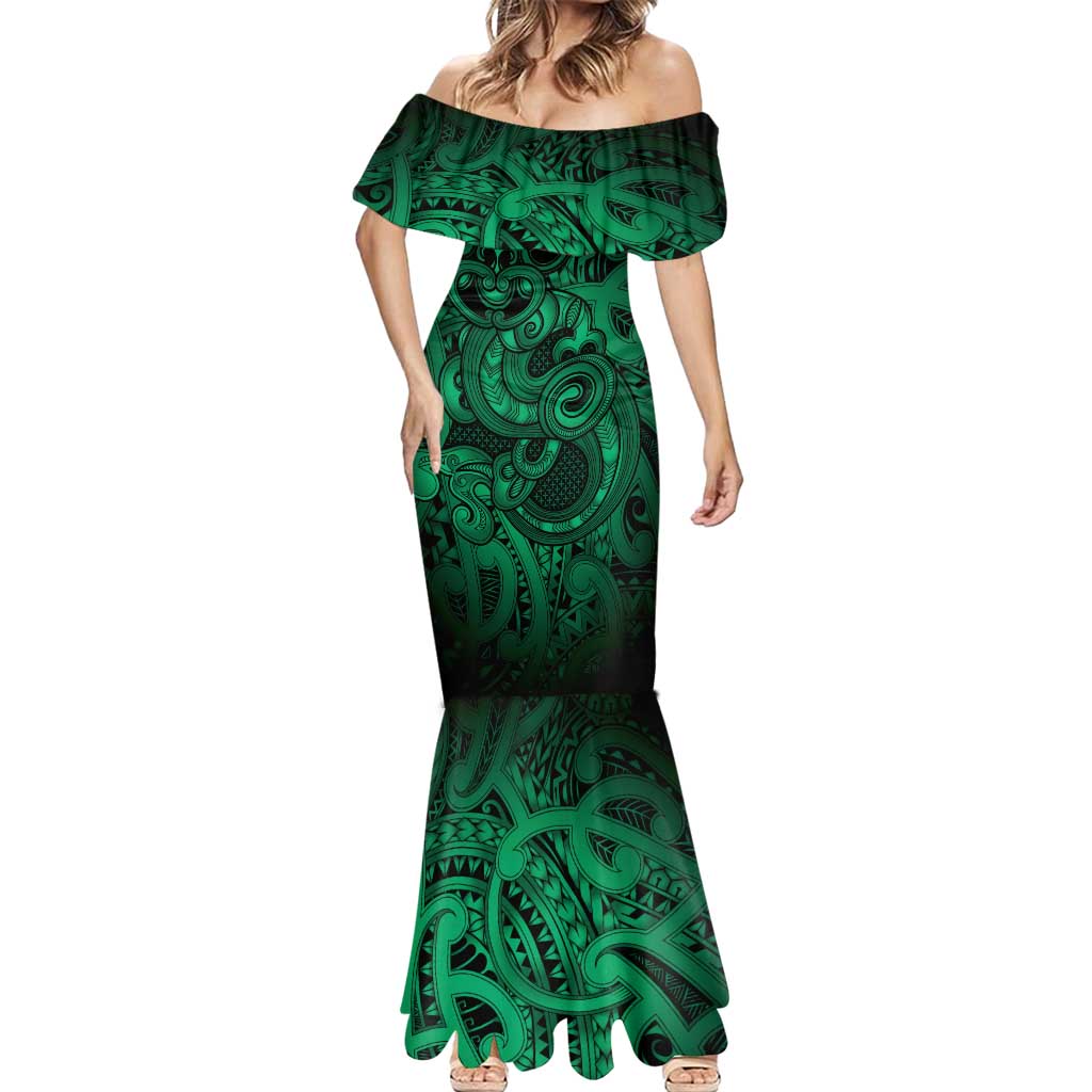 Aotearoa Maori Hei Tiki Mermaid Dress Kakariki Kowhaiwhai Puhoro Motif