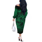 Aotearoa Maori Hei Tiki Off The Shoulder Long Sleeve Dress Kakariki Kowhaiwhai Puhoro Motif
