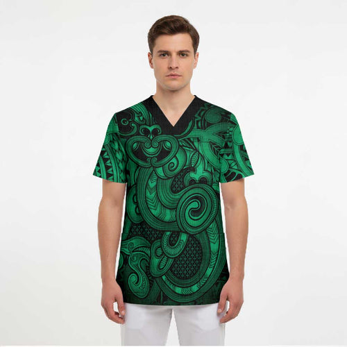 Aotearoa Maori Hei Tiki Scrub Top Kakariki Kowhaiwhai Puhoro Motif