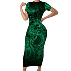 Aotearoa Maori Hei Tiki Short Sleeve Bodycon Dress Kakariki Kowhaiwhai Puhoro Motif