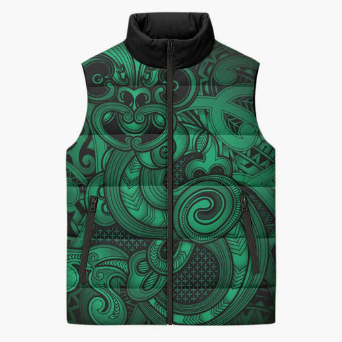 Aotearoa Maori Hei Tiki Sleeveless Puffer Jacket Kakariki Kowhaiwhai Puhoro Motif