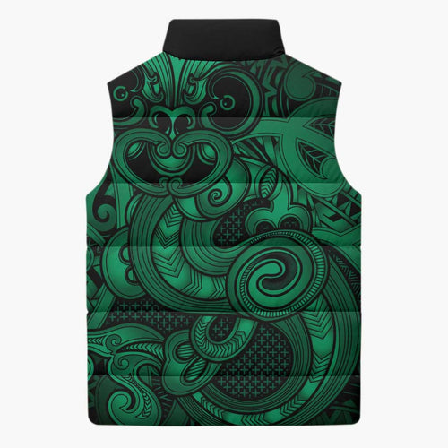 Aotearoa Maori Hei Tiki Sleeveless Puffer Jacket Kakariki Kowhaiwhai Puhoro Motif