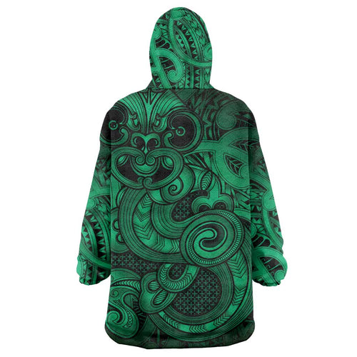 Aotearoa Maori Hei Tiki Wearable Blanket Hoodie Kakariki Kowhaiwhai Puhoro Motif