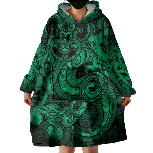 Aotearoa Maori Hei Tiki Wearable Blanket Hoodie Kakariki Kowhaiwhai Puhoro Motif