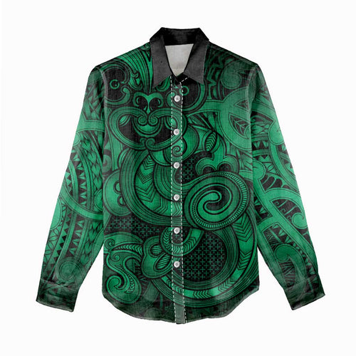 Aotearoa Maori Hei Tiki Women Casual Shirt Kakariki Kowhaiwhai Puhoro Motif