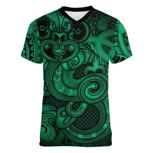 Aotearoa Maori Hei Tiki Women V-Neck T-Shirt Kakariki Kowhaiwhai Puhoro Motif