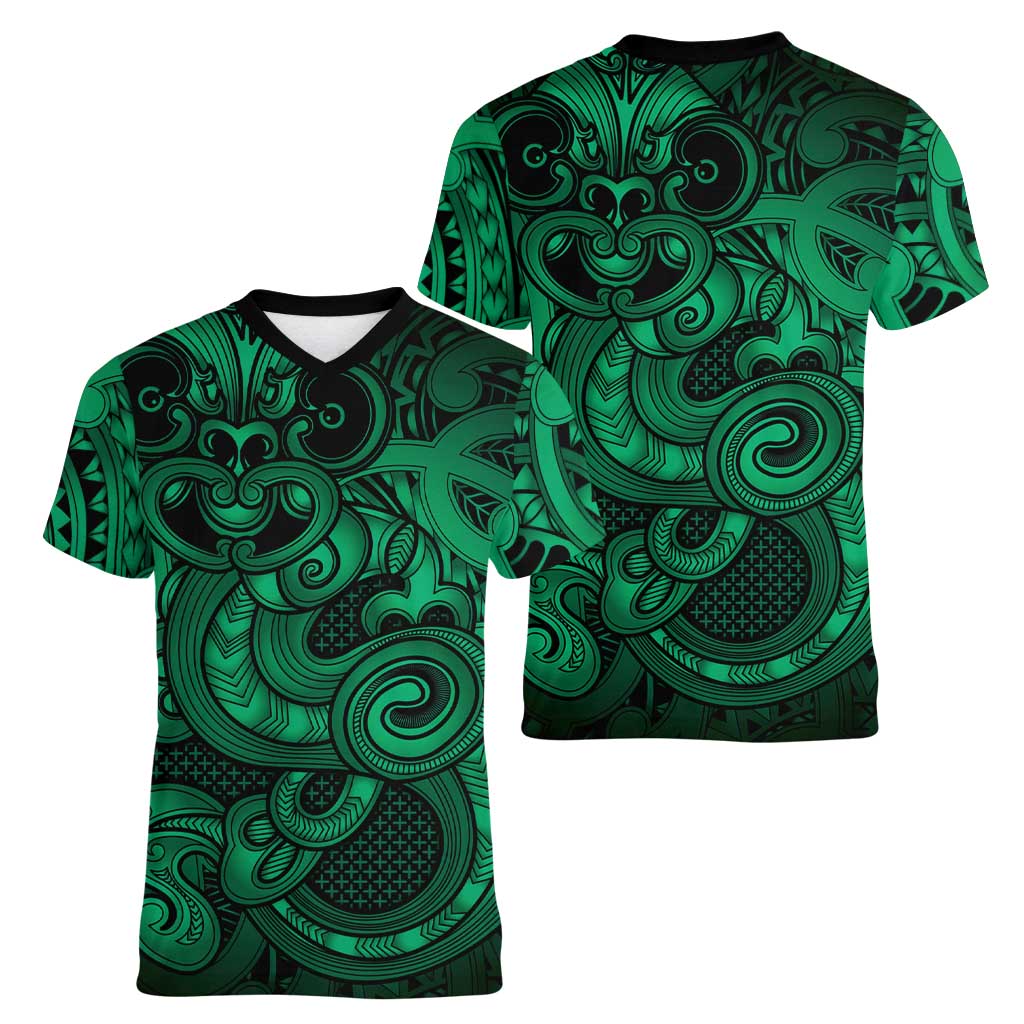 Aotearoa Maori Hei Tiki Women V-Neck T-Shirt Kakariki Kowhaiwhai Puhoro Motif