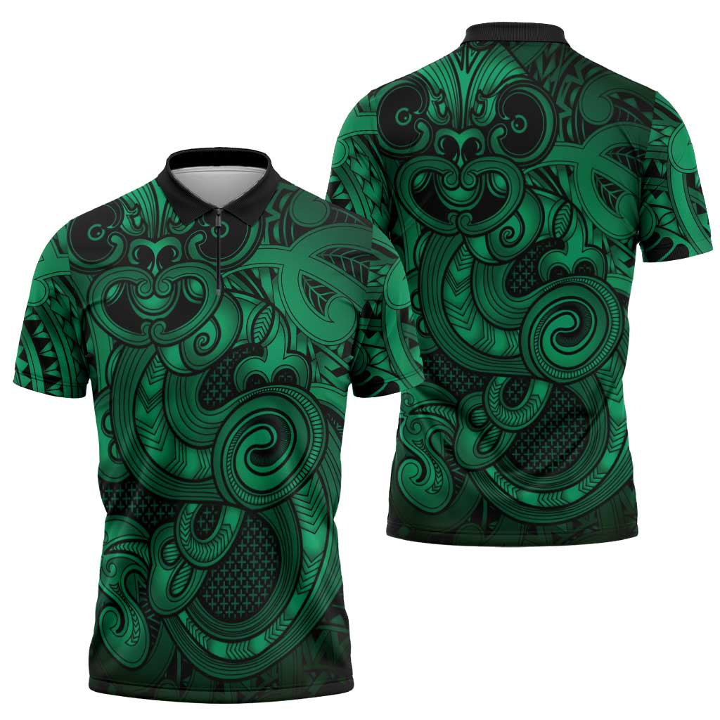 Aotearoa Maori Hei Tiki Zipper Polo Shirt Kakariki Kowhaiwhai Puhoro Motif