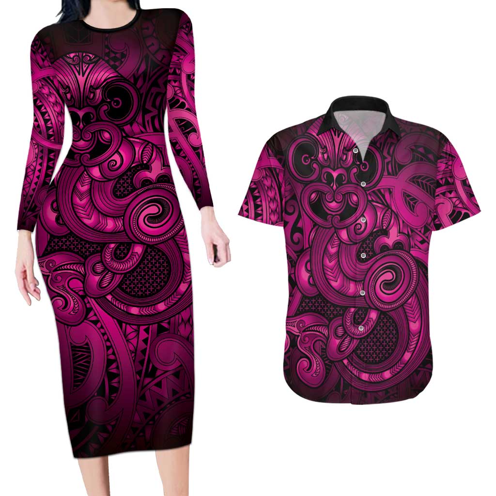 Aotearoa Maori Hei Tiki Couples Matching Long Sleeve Bodycon Dress and Hawaiian Shirt Mawhero Kowhaiwhai Puhoro Motif