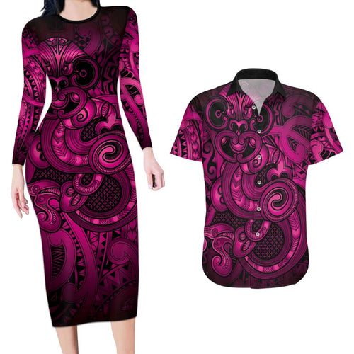 Aotearoa Maori Hei Tiki Couples Matching Long Sleeve Bodycon Dress and Hawaiian Shirt Mawhero Kowhaiwhai Puhoro Motif