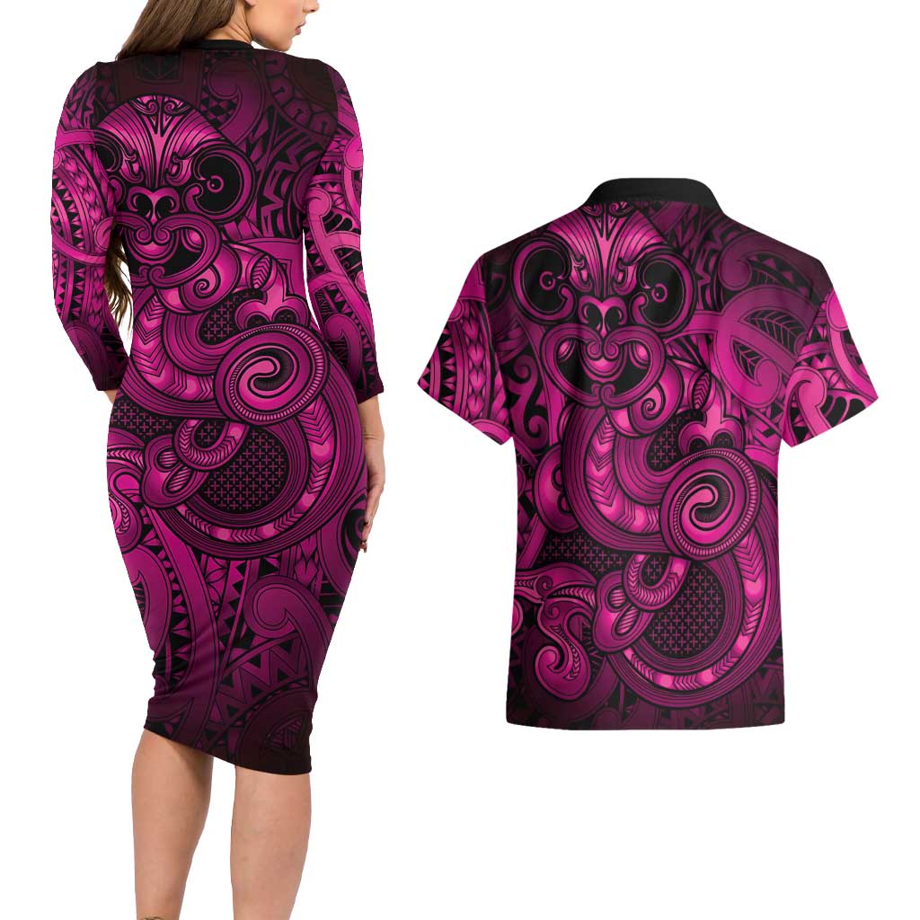 Aotearoa Maori Hei Tiki Couples Matching Long Sleeve Bodycon Dress and Hawaiian Shirt Mawhero Kowhaiwhai Puhoro Motif