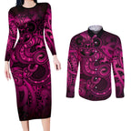 Aotearoa Maori Hei Tiki Couples Matching Long Sleeve Bodycon Dress and Long Sleeve Button Shirt Mawhero Kowhaiwhai Puhoro Motif