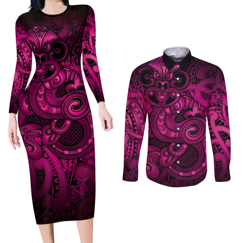 Aotearoa Maori Hei Tiki Couples Matching Long Sleeve Bodycon Dress and Long Sleeve Button Shirt Mawhero Kowhaiwhai Puhoro Motif