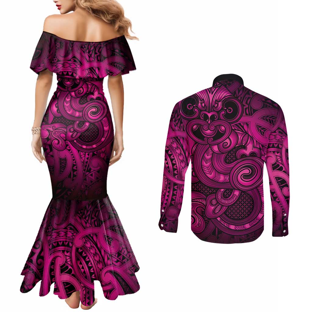 Aotearoa Maori Hei Tiki Couples Matching Mermaid Dress and Long Sleeve Button Shirt Mawhero Kowhaiwhai Puhoro Motif