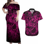 Aotearoa Maori Hei Tiki Couples Matching Off Shoulder Maxi Dress and Hawaiian Shirt Mawhero Kowhaiwhai Puhoro Motif