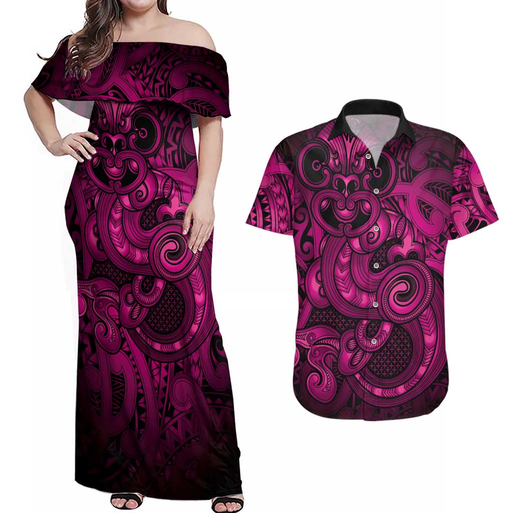 Aotearoa Maori Hei Tiki Couples Matching Off Shoulder Maxi Dress and Hawaiian Shirt Mawhero Kowhaiwhai Puhoro Motif