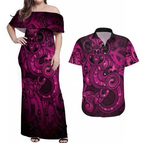 Aotearoa Maori Hei Tiki Couples Matching Off Shoulder Maxi Dress and Hawaiian Shirt Mawhero Kowhaiwhai Puhoro Motif