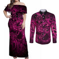 Aotearoa Maori Hei Tiki Couples Matching Off Shoulder Maxi Dress and Long Sleeve Button Shirt Mawhero Kowhaiwhai Puhoro Motif
