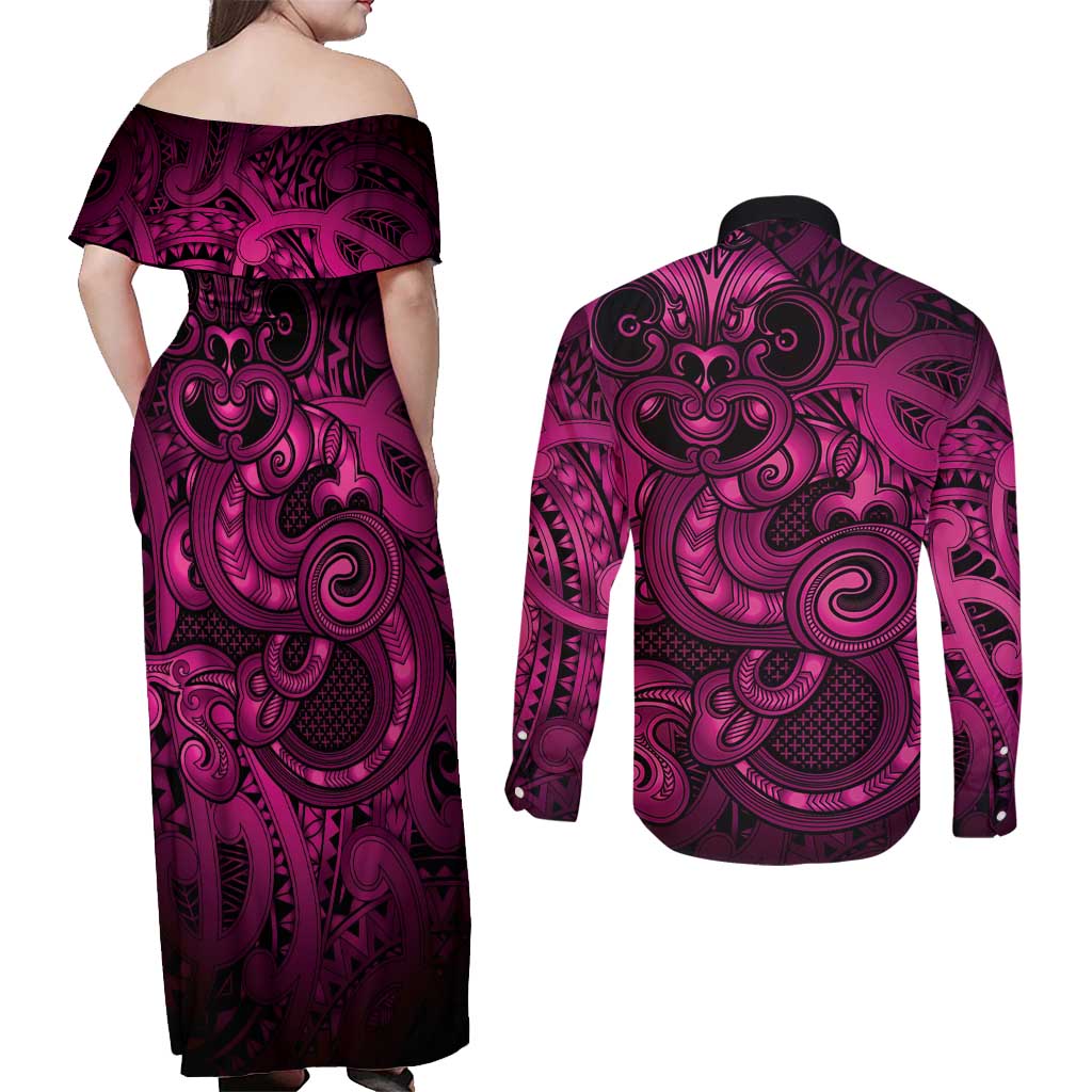 Aotearoa Maori Hei Tiki Couples Matching Off Shoulder Maxi Dress and Long Sleeve Button Shirt Mawhero Kowhaiwhai Puhoro Motif