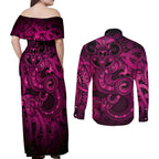 Aotearoa Maori Hei Tiki Couples Matching Off Shoulder Maxi Dress and Long Sleeve Button Shirt Mawhero Kowhaiwhai Puhoro Motif