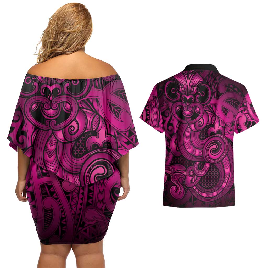Aotearoa Maori Hei Tiki Couples Matching Off Shoulder Short Dress and Hawaiian Shirt Mawhero Kowhaiwhai Puhoro Motif