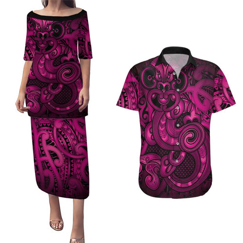 Aotearoa Maori Hei Tiki Couples Matching Puletasi and Hawaiian Shirt Mawhero Kowhaiwhai Puhoro Motif