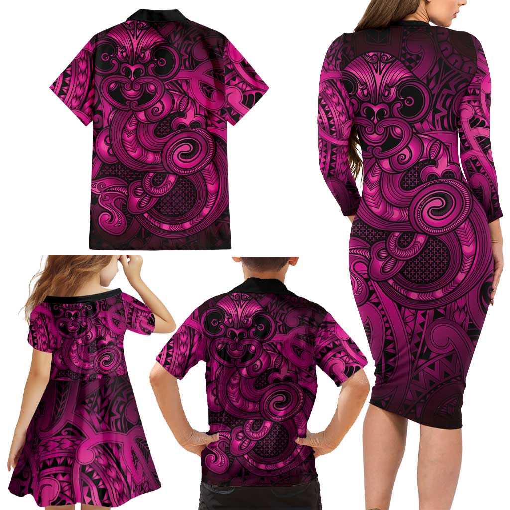 Aotearoa Maori Hei Tiki Family Matching Long Sleeve Bodycon Dress and Hawaiian Shirt Mawhero Kowhaiwhai Puhoro Motif