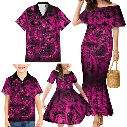 Aotearoa Maori Hei Tiki Family Matching Mermaid Dress and Hawaiian Shirt Mawhero Kowhaiwhai Puhoro Motif