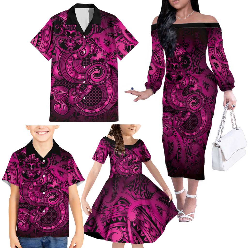 Aotearoa Maori Hei Tiki Family Matching Off The Shoulder Long Sleeve Dress and Hawaiian Shirt Mawhero Kowhaiwhai Puhoro Motif