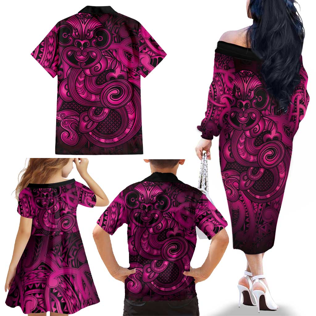 Aotearoa Maori Hei Tiki Family Matching Off The Shoulder Long Sleeve Dress and Hawaiian Shirt Mawhero Kowhaiwhai Puhoro Motif