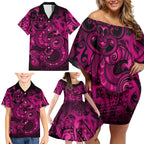 Aotearoa Maori Hei Tiki Family Matching Off Shoulder Short Dress and Hawaiian Shirt Mawhero Kowhaiwhai Puhoro Motif