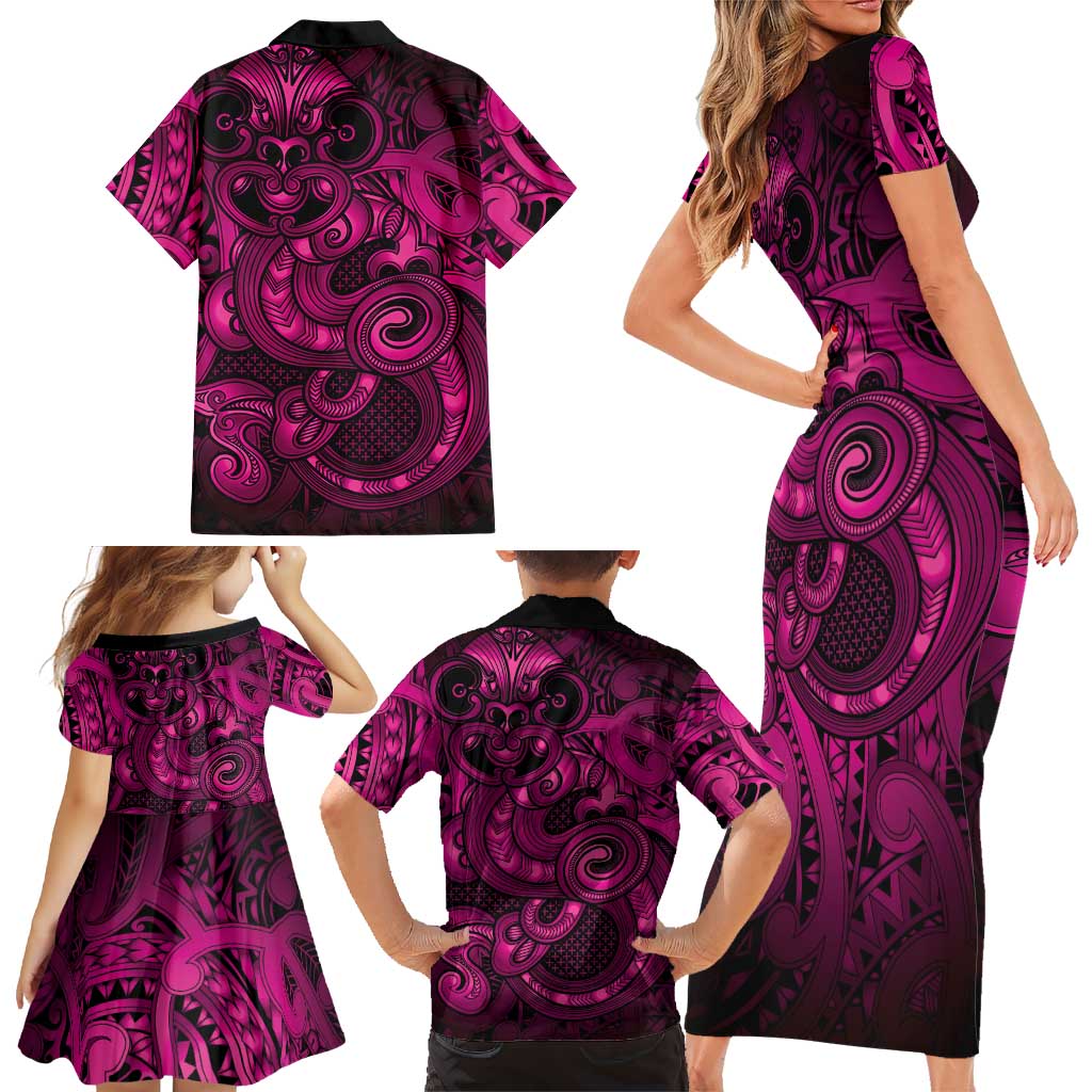 Aotearoa Maori Hei Tiki Family Matching Short Sleeve Bodycon Dress and Hawaiian Shirt Mawhero Kowhaiwhai Puhoro Motif
