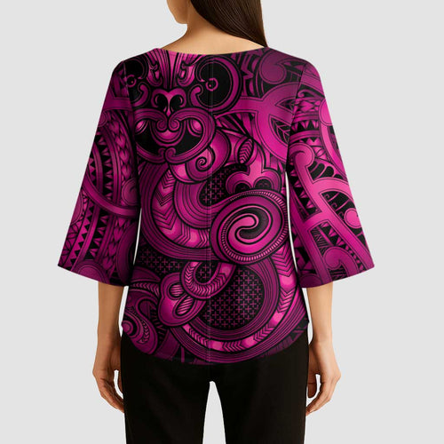 Aotearoa Maori Hei Tiki Kimono Sleeve Blouse Mawhero Kowhaiwhai Puhoro Motif