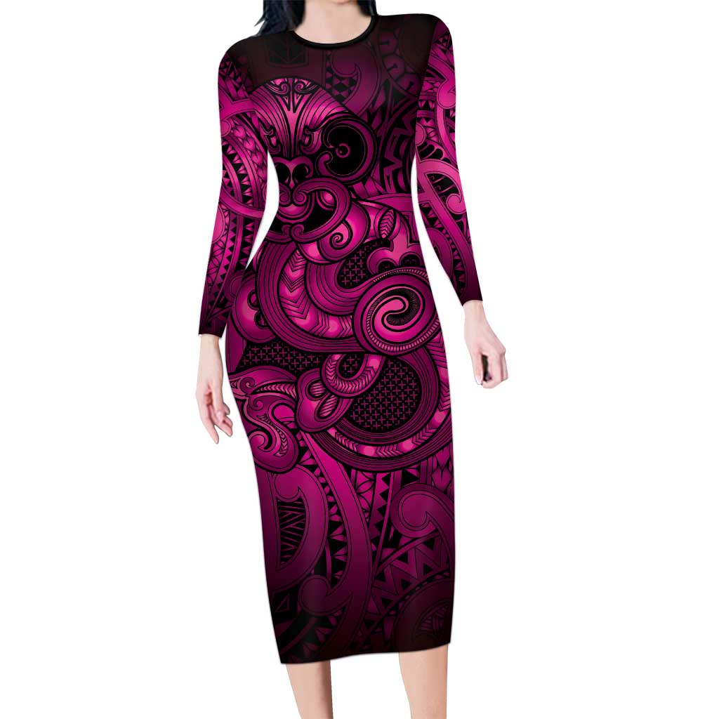 Aotearoa Maori Hei Tiki Long Sleeve Bodycon Dress Mawhero Kowhaiwhai Puhoro Motif