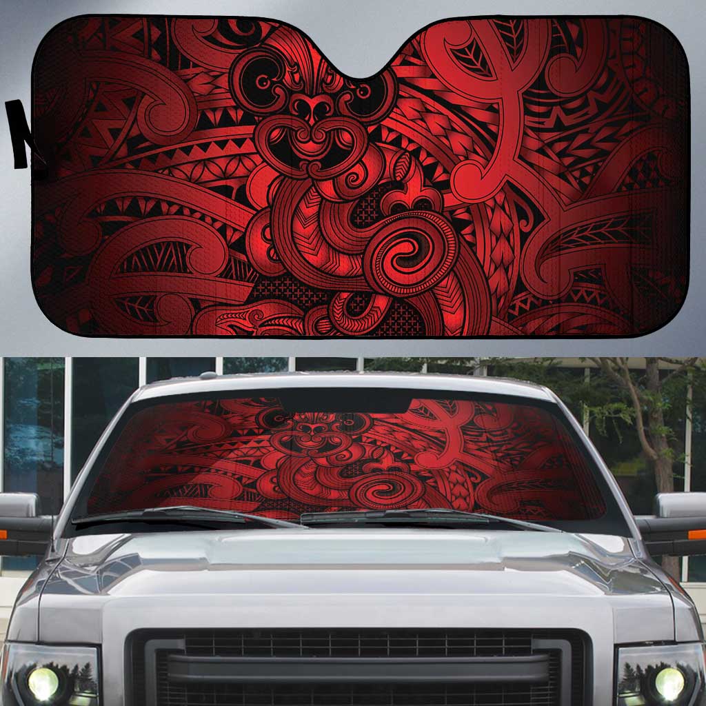 Aotearoa Maori Hei Tiki Auto Sun Shade Whero Kowhaiwhai Puhoro Motif