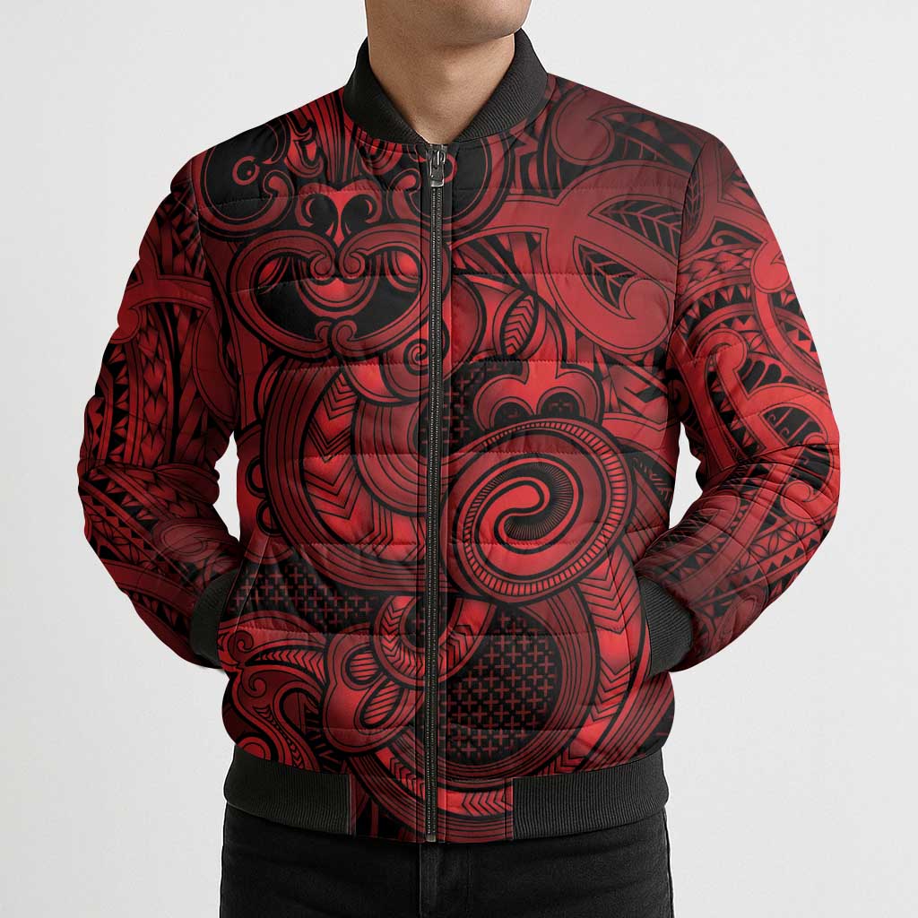 Aotearoa Maori Hei Tiki Bomber Puffer Jacket Whero Kowhaiwhai Puhoro Motif