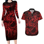 Aotearoa Maori Hei Tiki Couples Matching Long Sleeve Bodycon Dress and Hawaiian Shirt Whero Kowhaiwhai Puhoro Motif