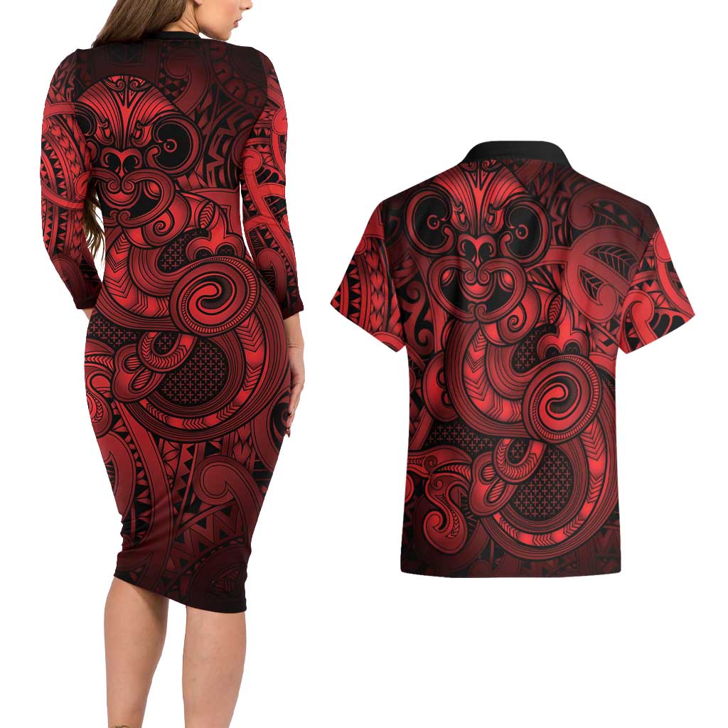 Aotearoa Maori Hei Tiki Couples Matching Long Sleeve Bodycon Dress and Hawaiian Shirt Whero Kowhaiwhai Puhoro Motif
